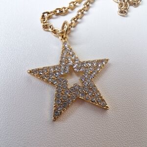 Goldtone Sparkly Star Pendant Necklace Rhinestones 24" Chain